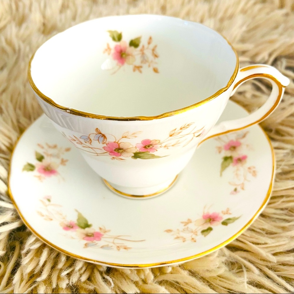 Vintage teacup and saucer, Duchess Bone China, England, pink flowers